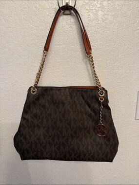 Michael Kors Brown MK Logo Shoulder Bag with Gold Chain Trim